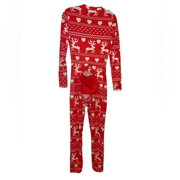 CBR Red Heart Deer Button-down Front V-neck Buttoned Flap Jumpsuit Pajama Onesie - Picture 4 of 6